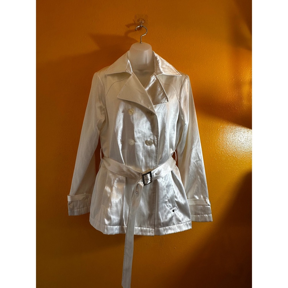 Black Rivet Womens White Satin Double Breasted Belted Trench Jacket Size L